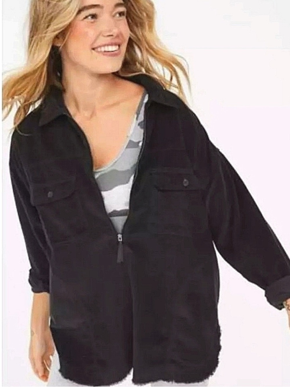 OFFLINE By Aerie Corduroy Quarter Zip Shacket In Washed Black NWT